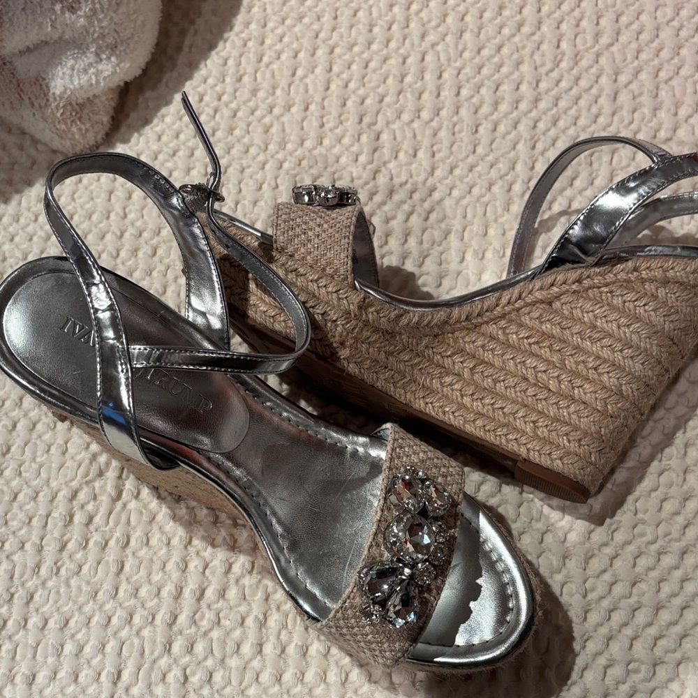 Ivanka Trump Silver Crystal Embellished Jute Wedge Sandals - Picture 5 of 5